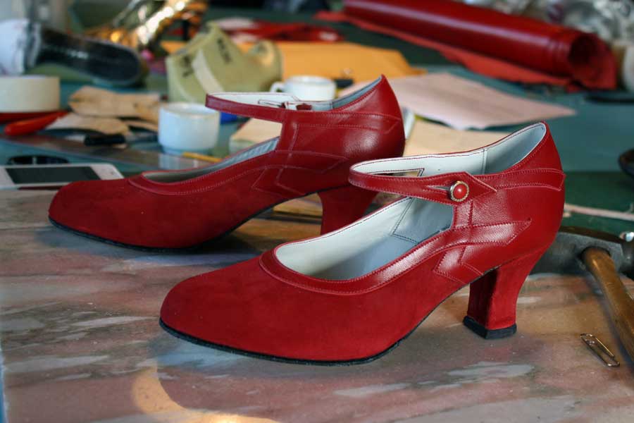 a pair of custom red high heels