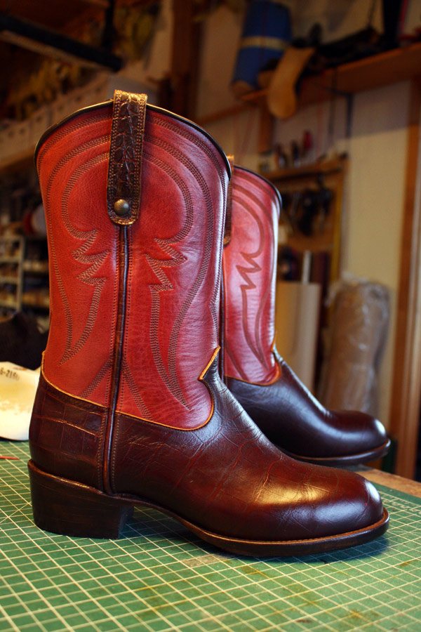 red and brown ankle boots