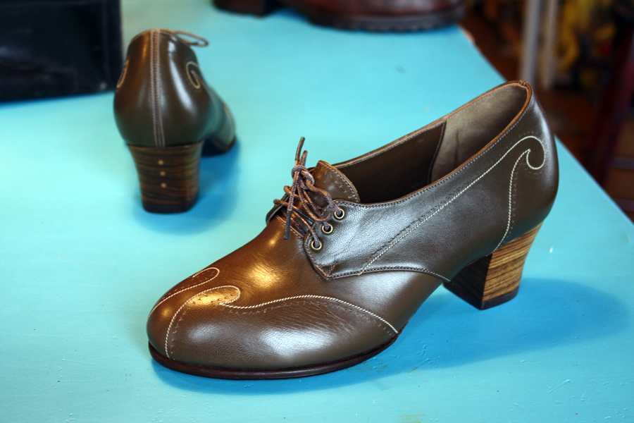 brown leather shoes with raised heel