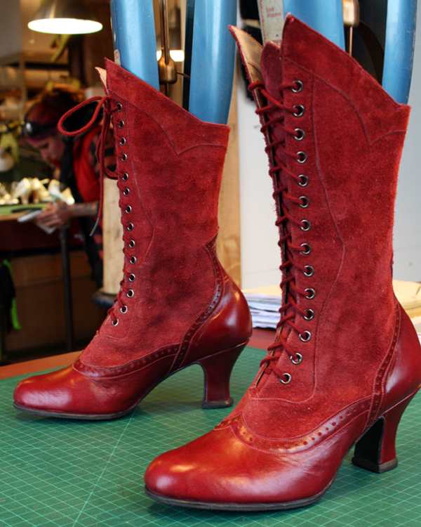red leather calf length boots