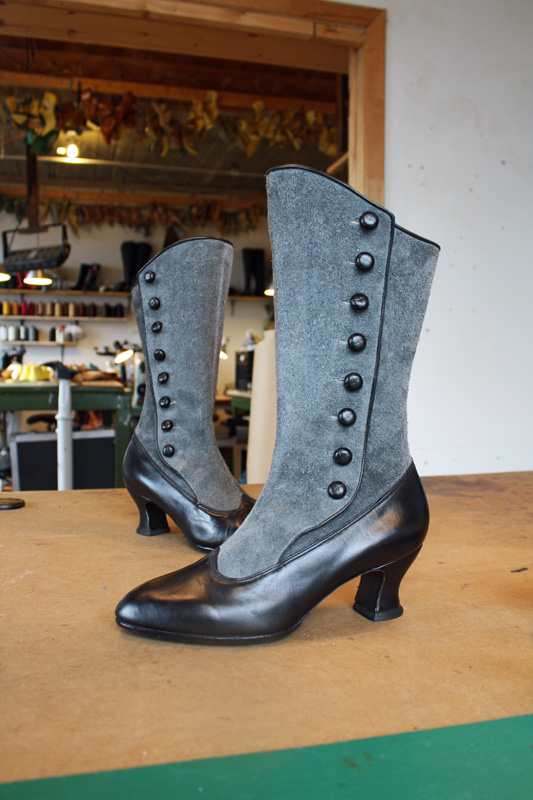 grey calf length boots with buttons