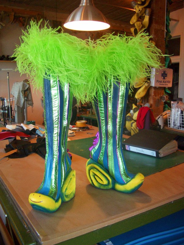 green and yellow theatrical boots