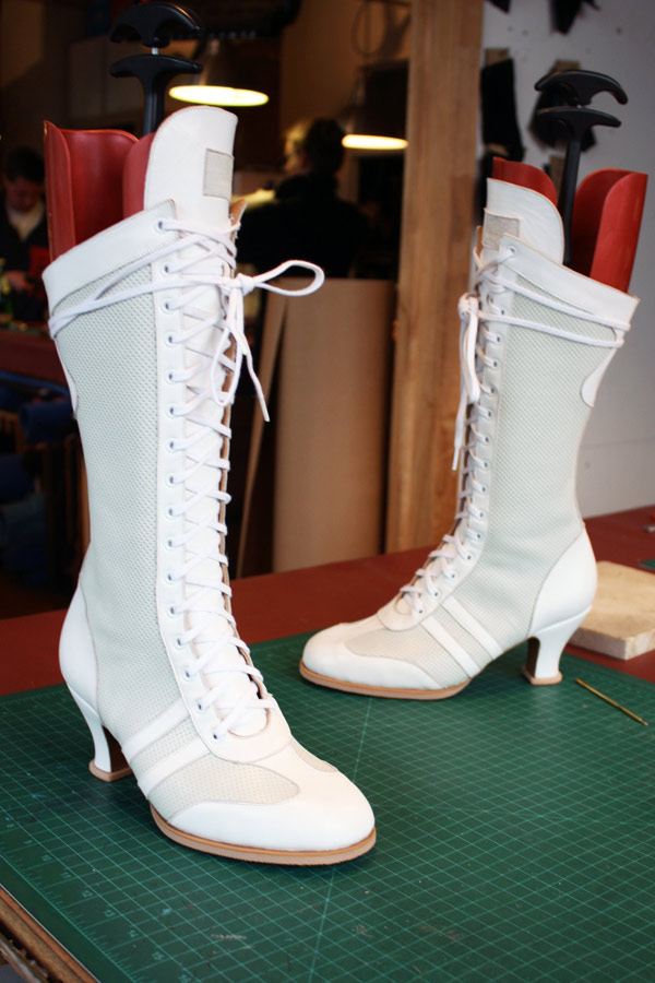 white and light green high heel boots