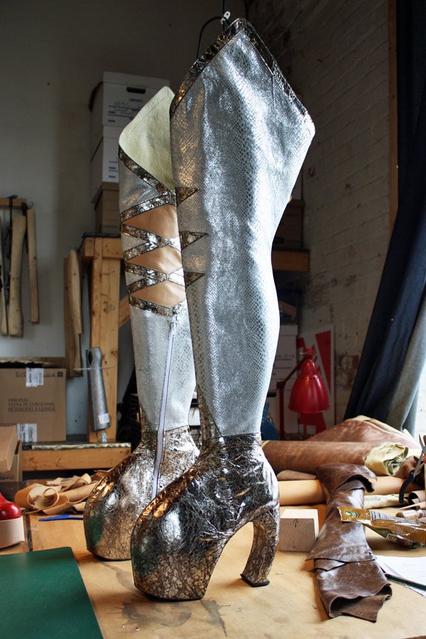silver thigh length platform boots