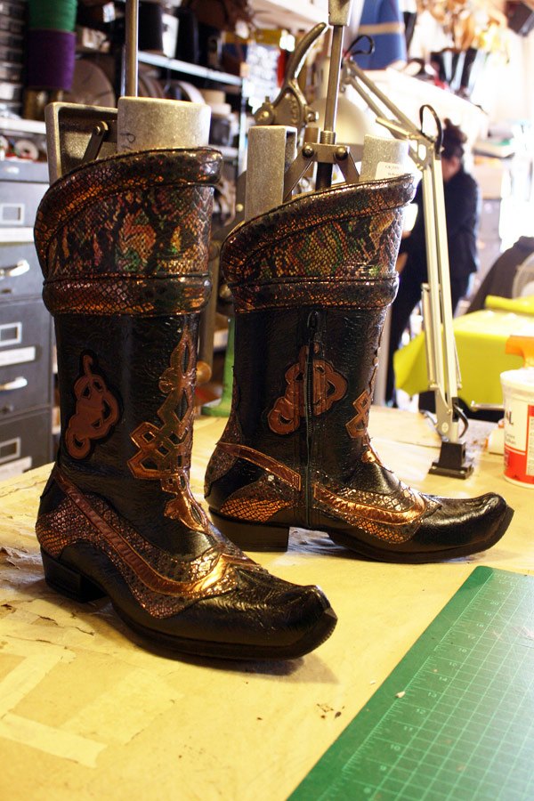 engraved brown leather boots
